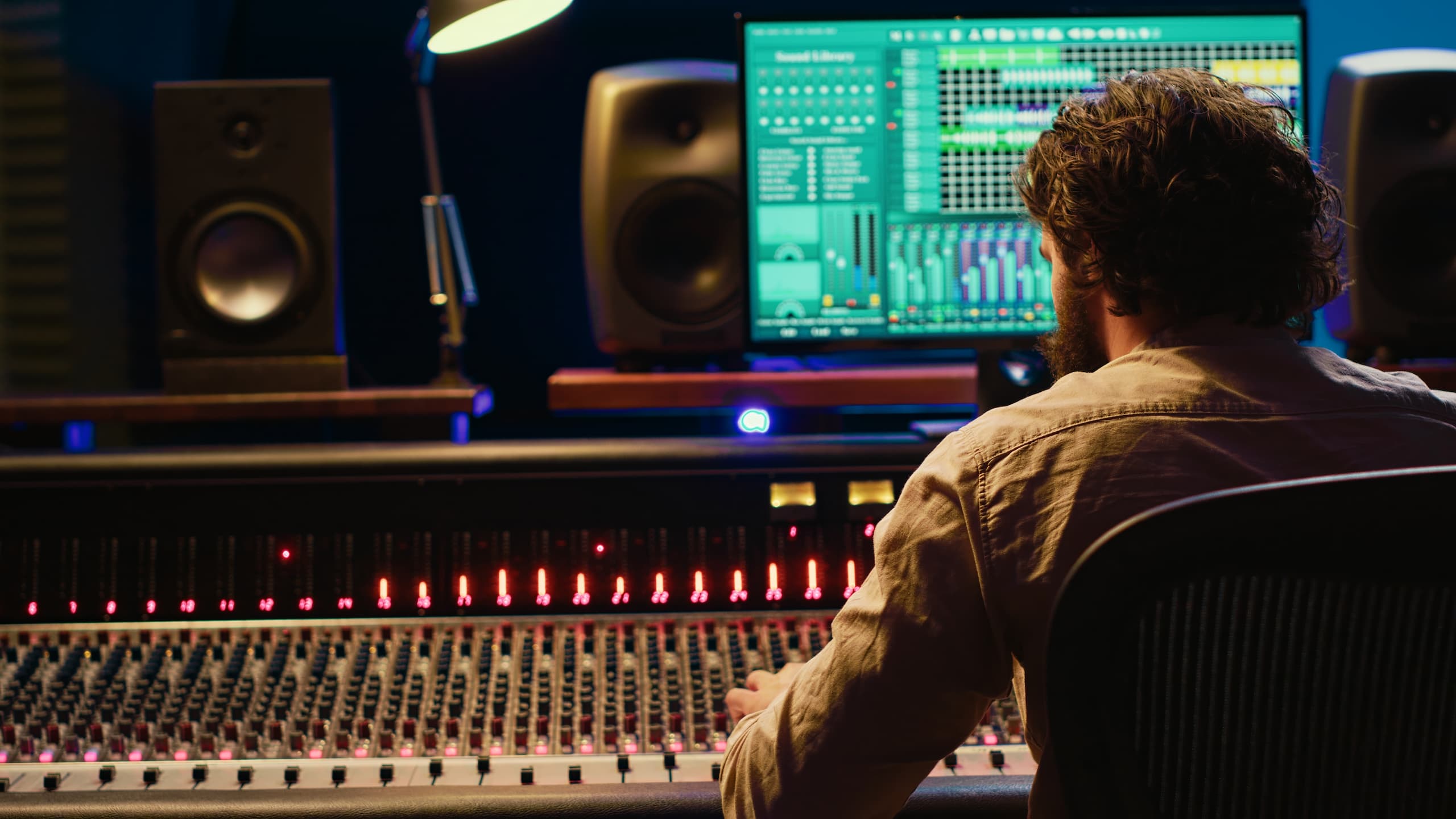 Sound engineer in recording booth editing tracks